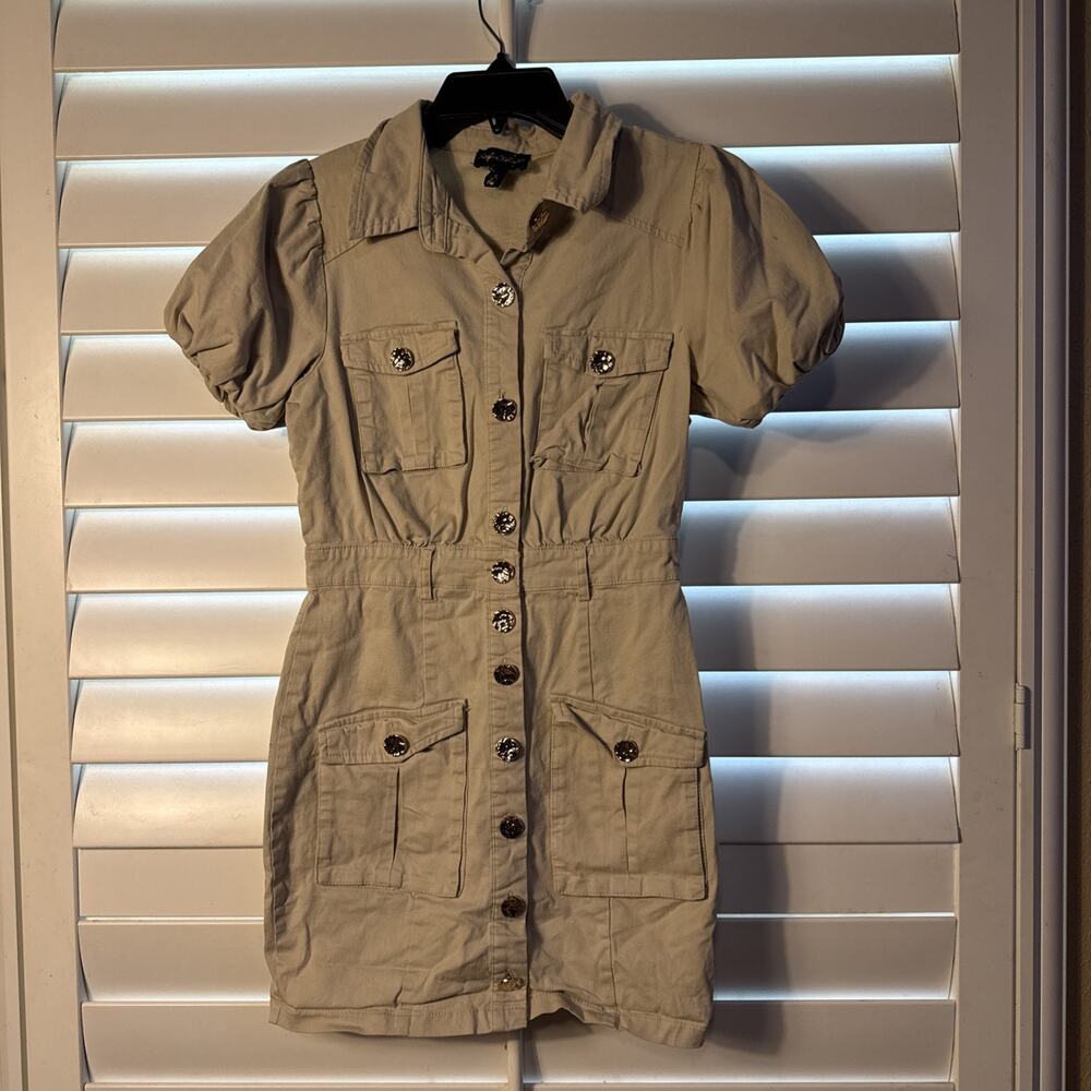 Kaylee Kollection Tan Utility Mini Dress with Puff Sleeves - Size S